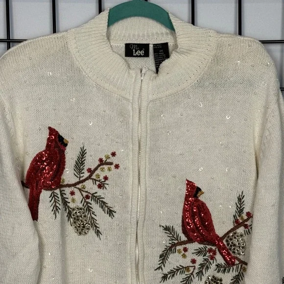 Vintage Ms Lee Cardigan Sweater Womens 2X Ivory Art to Wear Cottagecore Cardinal - Picture 2 of 12